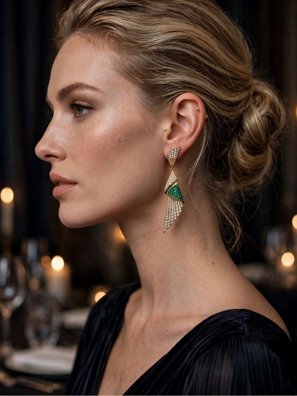 New Gold Green Crystal Twisted Ribbon Dangle Earrings Art Deco Glam S925 E09